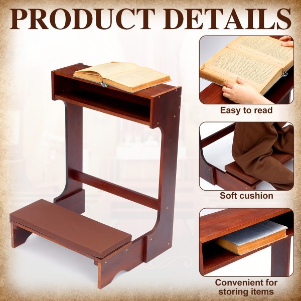 product-fancy-face3b2a-7737-4426-97f8-804346700a2b A Sturdy Wooden Prayer Stool Featuring a Shelf And Cushion, Ideal for Church Use Or Home Kneeling. This Padded Kneeler Measures 23 by 20 by 31 Inches And Makes a Thoughtful Religious Gift