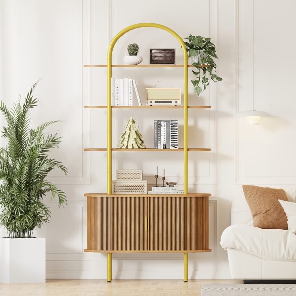 product-fancy-fadf5dcb-d078-407f-8ba6-f2f234aa08ba 71" Tall Fluted Bookshelf | 4-Tier Mid Century Modern Metal Curved Bookcase With Storage Cabinet, Sliding Door, Adjustable Footpad, Freestanding Arched Organizer For Living Room, Bedroom, Home Office | Wood Color, Matte End, Hardwood, Lshuizhu Brand