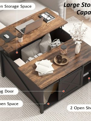 Lift Top Coffee Table with Storage, Square Wood Coffee Tables with Large Hidden Storage Compartment and Adjustable Shelves, Multi-Function Farmhouse Coffee Table for Living Room, Bedroom and Home Office