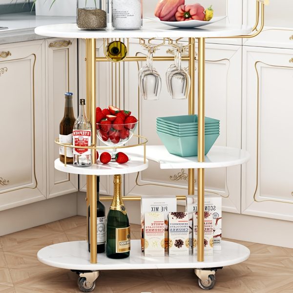 Golden Bar Carts with 3-Tier Shelves, Rolling Bar Carts on Wheels, Kitchen Serving Cart for Dining Room, Glass Bar Carts for Home Use, Round Bar Carts, Wine Carts
