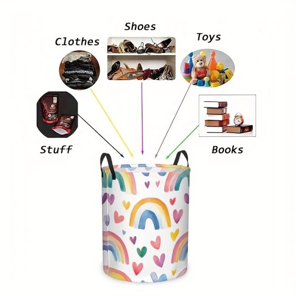 product-fancy-fbbf7b95-647f-40a7-a322-a01f36171f7a 1pc Rainbow & Hearts Design S Laundry Basket - with Sturdy Handles, Country Style Organizer for Bedroom, Bathroom, Laundry Room Accessories, Bedroom Organizer