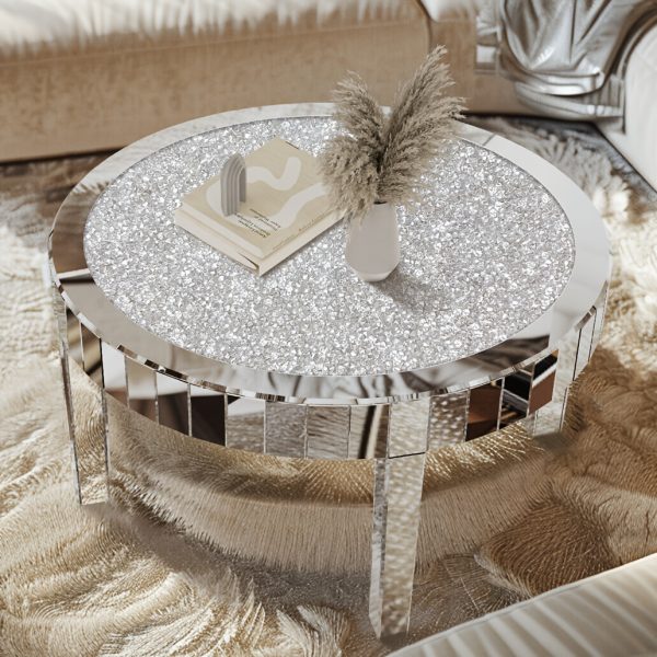 AESOME Glam Silver Mirrored Round Coffee Table Crushed Diamond Accent Side Table With Beveled Glass Edge Modern Center Table For Living Room And Office (31.5" D X (31.5" W X 18.3" H)