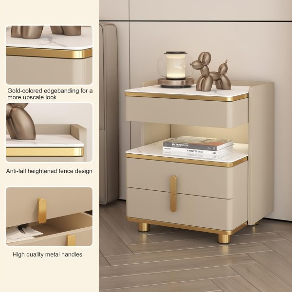 product-fancy-fc62fe61-185a-4452-b481-d72cd1a11caf Modern Marble-Top Nightstand with Golden Trim, 3-Drawer Beside Table with Open Shelf, Tempered Glass Countertop, Rounded Corners And Silent Slides for Bedroom, Luxury Minimalist Storage Cabinet 1/2pcs