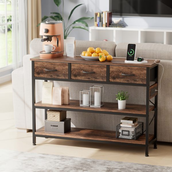 product-fancy-fcab0437-6c2c-4326-9751-ea6e0f80fd50 3-Tier Console Table with Charging Station (2 AC Outlets + 2 USB Ports) - Hardwood Entryway Sofa Table with 3 Breathable Fabric Drawers & Open Shelves, Adjustable Feet, Modern Rustic Design for Narrow Spaces, Living Room, Hallway