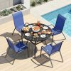 5pcs Patio Dining Set for 4, Outdoor Table And Chairs W/ 1.57"-1.9" Adjustable Umbrella Hole And Foot Pads, All Weather 42" Round Metal Table And Stackable Textilene Chair
