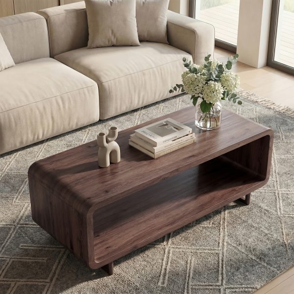 product-fancy-fd911466-ca5a-4596-b574-90532e41e75c Wooden Coffee Table with Storage Shelf, Modern 2-Tier Rectangular Minimalist Center Table, Curved Profile Design for Living Room, Office