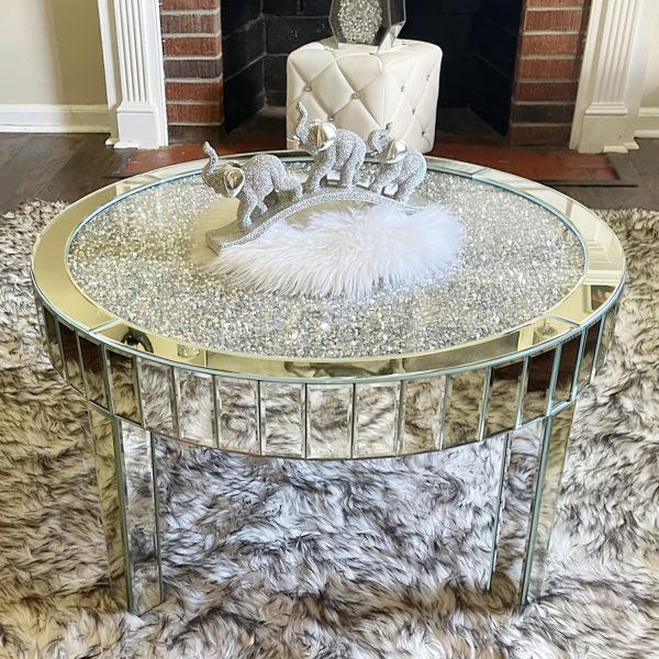 AESOME Glam Silver Mirrored Round Coffee Table Crushed Diamond Accent Side Table With Beveled Glass Edge Modern Center Table For Living Room And Office (31.5" D X (31.5" W X 18.3" H)