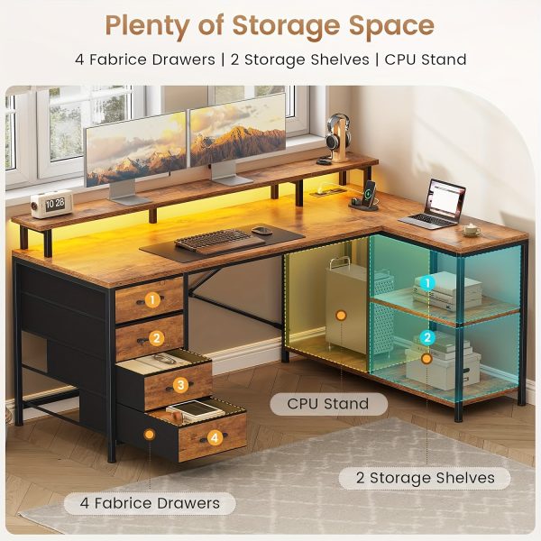 product-fancy-fdb35aa4-554e-4783-bf24-1cc1187e36d7 L-Shaped Workstation Featuring Four Drawers, Storage Shelves, And LED Lighting, Suitable for a Home Office