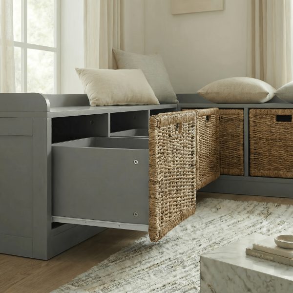 Modern L-Shaped Shoe Cabinet with 6 Rattan Drawers, Multi-Functional Wood Shoe Storage Cabinet with Storage Compartments, for Entryway And Living Room, Modern Design, Gray