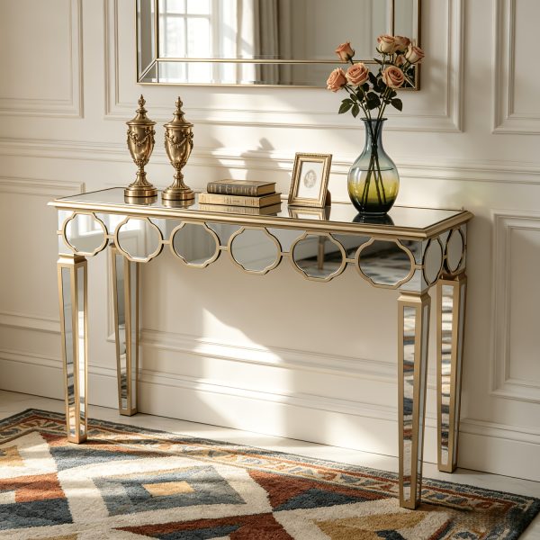 AESOME Luxury Elegant Mirrored Console Table 47.24 Rectangular Silver Mirrored Entryway Table Lantern-Shape Pattern Decor with Golden Rim Legs Sofa Side Tables Long Hallway Table for Foyer, Entrance, Offices Decor