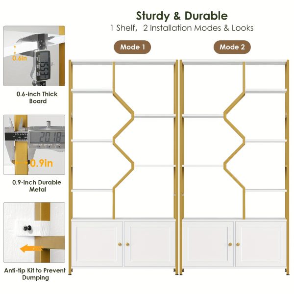 product-fancy-fe40b719-2edd-4782-984f-43efa98fe723 76'' Tall Industrial Bookshelf with Doors, Display Large Bookcase With Storage and Organization Cabinet, Unique Geometric Metal Frame Design, Sturdy Wooden Shelves, Organizer for Library, Living Room, Bedroom, Office, White and Golden/Brown and Black