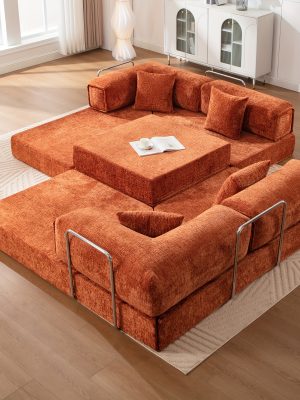 KERDOM Chenille Oversized Sleeper Sofa Couch, 170 Inches Extra Long Convertible 3-4 Person Pull-Out Sofa Bed, Sectional Convertible Corner Sofa, Combination Spliced Block Sofa Side Table