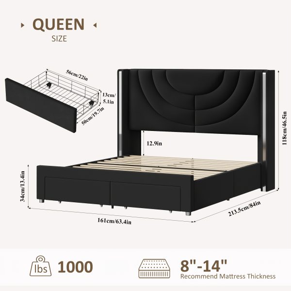product-fancy-feacaf15-2b26-4d97-ae33-39589a0b2910 FULTRU Upholstered LED Bed Frame in Full, Queen, Or King Size with Two Storage Drawers, Velvet Platform Bed Featuring a Wingback Headboard, Sturdy Wooden Slats for Support, No Need for a Box Spring, Headboard with a Splicing Design