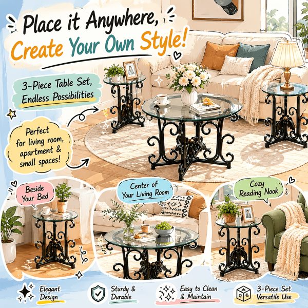 product-fancy-fead2ad3-56dc-4f4f-a708-634da4397233 3pcs Round Glass Coffee Table Set, Tempered Glass Top with Black Metal Frame, Modern Living Room Furniture Set with 1 Coffee Table & 2 End Tables for Apartment Small Spaces