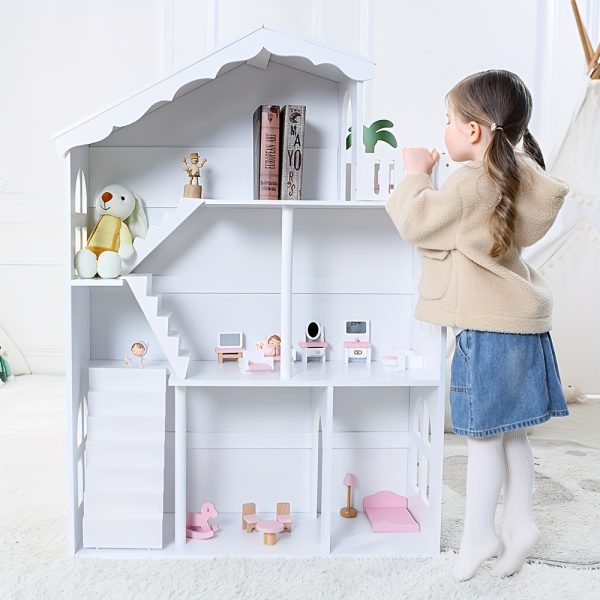 product-fancy-ff28761d-c945-4a89-b653-c8cc2f96e341 Wooden 3-Tier Doll House Bookshelf, White Kids Toys Storage Organizer, All-Season Playroom Nursery Shelves, Ideal Gift for Ages 3-8, Boys & Girls Bedroom Decor