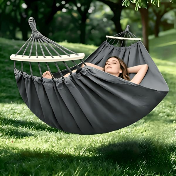 product-fancy-ff7cd05e-bf26-488c-8063-f6a5324f20ec 1pc Patio/Outdoor Hammock with Support Pole, Sturdy Dark Gray Fabric Hammock with Anti-Tip Design, Durable with Tie-Down Ropes - Ideal for Relaxing in the Patio, Outdoors, Indoors, and Camping, for Outdoor Hammock Use