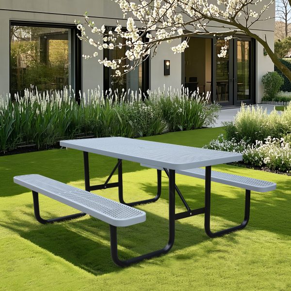 product-fancy-ff93fa99-f455-4aa7-99d8-a9e3c1317d6f 4/6ft Heavy-Duty Metal Picnic Tables with Umbrella Hole for Outdoor, Rectangular 4-6-Person Picnic Tables with Bench, Commercial Expanded Picnic Table And Bench Set, Outside Furniture Set for Yard Outside Garden Backyard Porch Patio Lawn, All-Weather