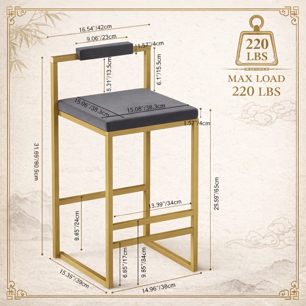product-fancy-ffb960a0-403e-4b09-a9cd-663582b950ff Set Of 2 Modern Oriental Style Bar Stools, Velvet Upholstered Counter Height Chairs with Backrest & Footrest, Golden Metal Frame Kitchen Island Dining Stools, Multi-Color & Multi-Finish New Asian Aesthetic