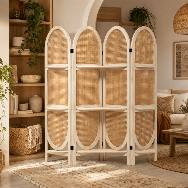 product-fancy-ffcb87ea-354a-4669-b42c-e090b64fe568 Four-Panel Wooden Room Divider, Collapsible with a Hand-Woven Rattan Privacy Screen - Room Partitions Featuring Three Display Shelves, Ideal for Home, Office, Study, Or Art Exhibitions