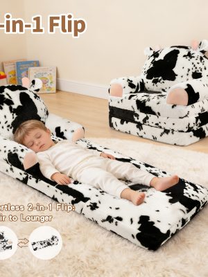Kids Chair Plush with Removable Cover, Kids Sofa to Lounger, Kids Couch for Kids Over 18 Months, Toddler Recliners for Kids (Cow)