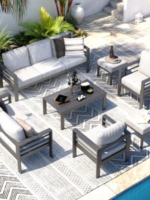 YODOLLA Aluminum Outdoor Furniture Collection, Contemporary Patio Set Including Coffee Table, 7pcs Conversation Set with Cushions for Balcony, Porch, And Lawn