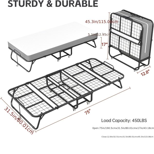 Compact & Durable 4-Section Folding Bed with Grey Fabric Cover - Sturdy Metal Frame, 75" x 31", Portable Roll-Away Design for Adults, Ideal for Guests, Students, Camping & Small Apartments, Garden Houses