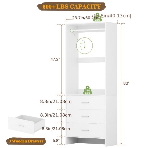 Wardrobe with 3 Drawers, 24 Inch Closet Organizer, Wooden Closet, Walk-in Closet