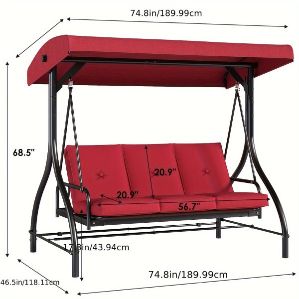 3 Person Patio Porch Swing Outdoor Converting Swing Glider Hammock with Adjustable Canopy, Cushions for Outside Backyard, Garden (Pillow Not Included)