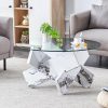 product-ffd7717d125e60643945993b60b2ade434259dad.temu_.000001 Modern Round Glass Coffee Table 33.4", Clear Tempered Glass Top with White Patterned MDF Legs, Stable Load Bearing 130 Lbs, Unique Contemporary Center Table for Living Room, Dining Room, Apartment, Easy Assembly In 10-15 Minutes.