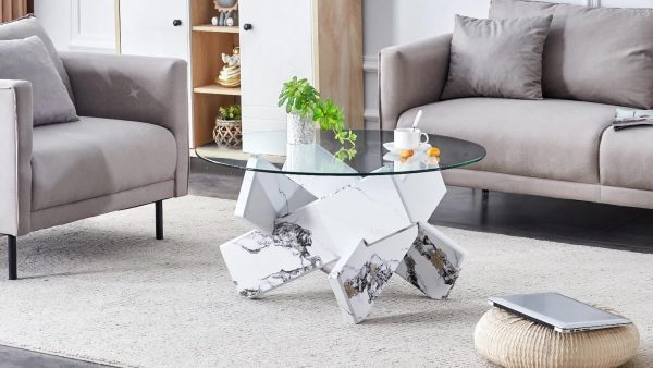 product-ffd7717d125e60643945993b60b2ade434259dad.temu_.000001 Modern Round Glass Coffee Table 33.4", Clear Tempered Glass Top with White Patterned MDF Legs, Stable Load Bearing 130 Lbs, Unique Contemporary Center Table for Living Room, Dining Room, Apartment, Easy Assembly In 10-15 Minutes.