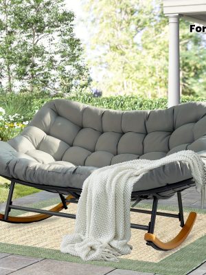 [Outdoor Rocking Chair] Outdoor Patio Rocking Chair, Oversized Papasan Rocking Chair for 2 with E-Coated Steel Frame And Thick Cushion