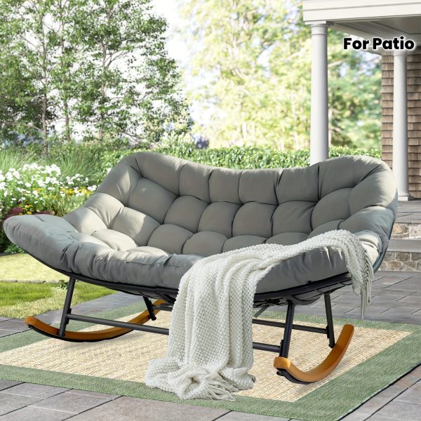 [Outdoor Rocking Chair] Outdoor Patio Rocking Chair, Oversized Papasan Rocking Chair for 2 with E-Coated Steel Frame And Thick Cushion