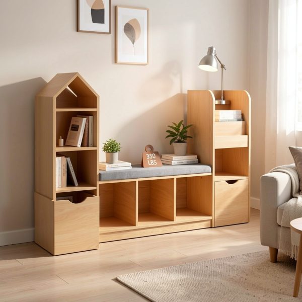product-fmket-0f0fa38f23e9aee4e5e9e0f7e9d3cecf Nordic Style Bookcase with Reading Nook | Space-Saving Storage Cabinet with 7 Cubbies, 2 Movable Drawers & Seat Cushion, Multifunctional Organizer for Living Room, Bedroom, Office, Wood Color, Hardwood Material, VABCHES Brand