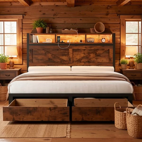 product-fmket-113d3c7352b790849866e050474647e4 Farmhouse Bed Frame with Storage Headboard and Drawers, LED Light and Charging Outlet, Noise Free, No Box Spring Needed