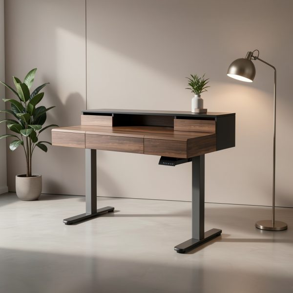 product-fmket-13a7058cd5b644f1ec75f1f51a418adf Electric Standing Desk with Drawers | 48 Inches Height Adjustable, Monitor Shelf, Whole-Piece Board, 4 Memory Height Settings, Classic Wood Color, PERLECARE
