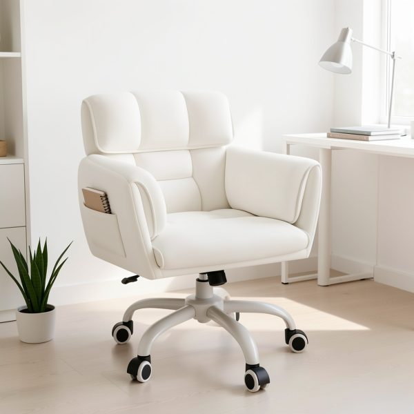 product-fmket-2fdeb2c49a7b6f36a3ae8caef5f98554 Vanity Chair Skin-Friendly Material with Mid-Back, Modern Adjustable Height Upholstered Swivel Chair with Wheels, Desk Chairs Comfy with Side Pockets for Bedroom