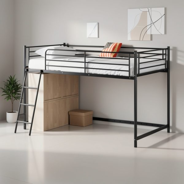 product-fmket-46208564ac514ab8d50c138d13e6b49e Loft Bed for Kids | Heavy-duty Iron Frame, 350LBS Weight Capacity, Space Saving Design for Small Rooms & Low Ceilings, Movable Ladder, - JOYMOR