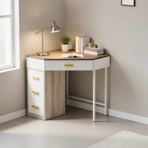 product-fmket-51c4f43cf4efc90dfe788b7349352de2 Triangle Corner Desk, Modern Computer Desk With 3 Drawers, 90-Degree Writing Desk PC Table Makeup Vanity Desk With Storage For Home Office, Living Room, Bedroom (White And Grey)