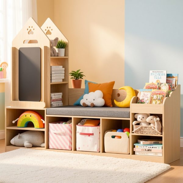 Bookshelf Featuring a Cozy Reading Corner, Wooden Organizer for Storage Equipped with a Chalkboard And Bench, Ideal Reading Nook for Boys And Girls, Shelf Suitable for Bedroom, Nursery, Or Playroom, Crafted from Natural Oak