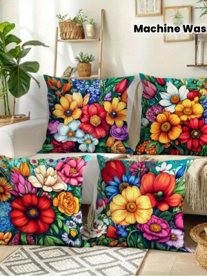 4pcs Set Vibrant Floral Print Outdoor Patio Sofa Cushions - Zippered Design, Machine Washable, Suitable for Summer Leisure and Seaside Decor, Outdoor Sofa Accessories | Vibrant Sofa Accents | Durable Outdoor Fabric