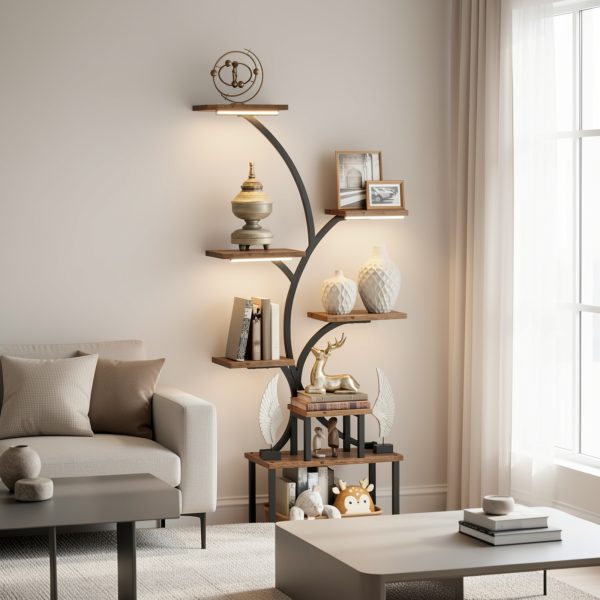 product-fmket-9e9bf2732a41807ac62c5589fe108b57 CODACE 1pc Bookcase with LED Lights, 8-tier Corner Display Stand, 62" Multi-functional Metal Display Shelf for Plants, Handicraft, Tree-shaped Plant Shelf for Living Room, Study, Bedroom, Balcony, Entrance, Home Decor, Good Gift Choice Easter's Gift