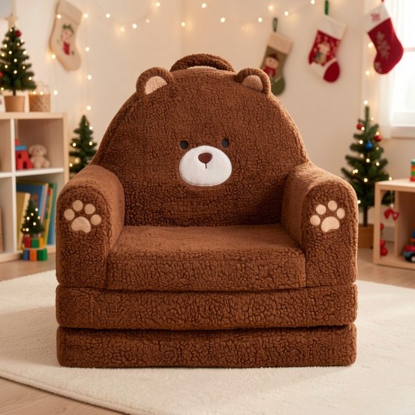 product-fmket-a7616691d452b3bd33b42296f9507dc8 Kids Sofa 2-in-1 Convertible Kids Couch Fold Out Lounger Soft Sherpa Kids Chair High-Density Foam Sofa Cute Brown Bear Playroom Nursery Furniture for Boys Girls Room Decor