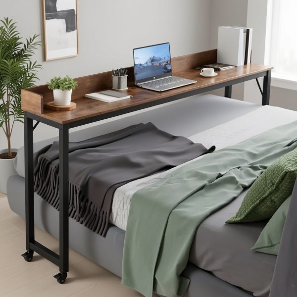 product-fmket-b5b04bef2c74ab955675f6c0ca76adc4 Mobile Bed Desk with 360° Wheels, Queen Size, Standing Workstation for Laptops, Overbed Table with Sturdy Metal Legs, Dining Table And Computer Desk