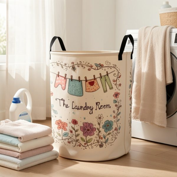 product-fmket-c14d528809a8ad9b767c2e8293f5885c 1pc Laundry Basket with Cute Floral & Clothespin Design - High-Capacity Foldable Hamper, Durable Polyester Fabric Storage Bin with Sturdy Handle for Bedroom, Bathroom, Dorm Organization (Beige)