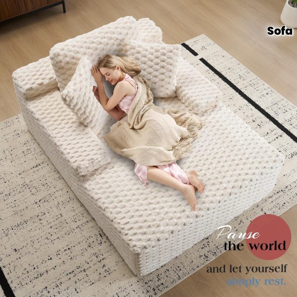 product-fmket-c23638477987826e3b36a5d218bc9d9d 67" Chaise Lounge Sofa Bed with Faux Fur Upholstery, No Assembly Sleeper Couch with Memory Sponge Support, Ergonomic Plush Design with Throw Pillows and Thick Padding, Modern Comfortable Sofa for Living Room Bedroom Apartment, Grey & White Available