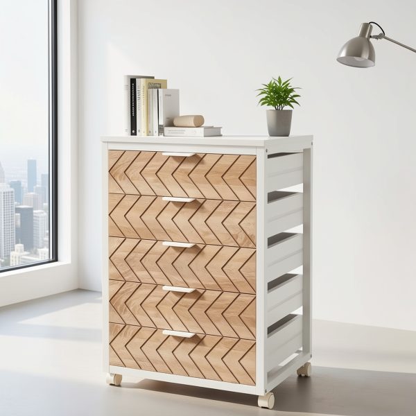product-fmket-ca2c69c91971c32829c6265587809860 5-Drawer Beige & White Wood Mobile File Cabinet, Industrial Rolling Printer Stand with Herringbone Pattern for Home Office Storage, Durable Engineered Wood Design