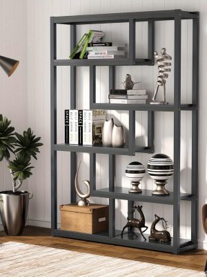 6-Tier Industrial Etagere Bookshelf, 69" Tall Modern Black Metal Frame & Wood Display Shelving Unit with Sturdy Construction for Home & Office Storage, Bookshelf Decorations