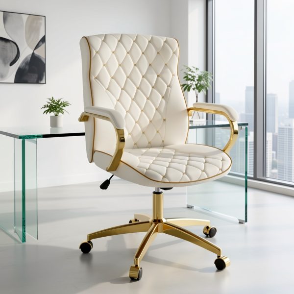 product-fmket-cf3996522964808c57776cbbec10edf4 Executive High Back Office Chair With Tufted Design, Ergonomic Computer Desk Chair With Padded Armrests, Faux Leather Task Chair With Golden Metal Frame