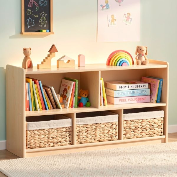 product-fmket-dec289b9e37a8e19c5e6407a5f8ba723 Large Wood Storage Organizer, 2-Shelf Wood Bookshelf, 5-Section Kids Bookshelf, Wooden Storage Cabinet for Classroom, Kids Bookcases And Toddler Shelf for Kids Room, Playroom, Nursery
