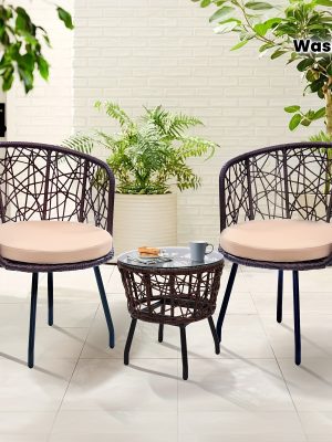 3pcs Bistro Set, Modern Furniture with Tempered Glass Table Top, 2 Chairs, Outdoor Wicker Patio Set, Washable Cushions,
